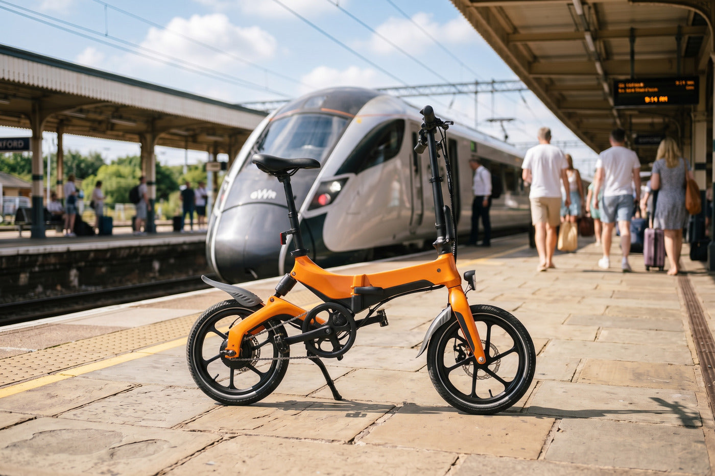Orange compact folding electric bike on a sunny British railway station platform in summer