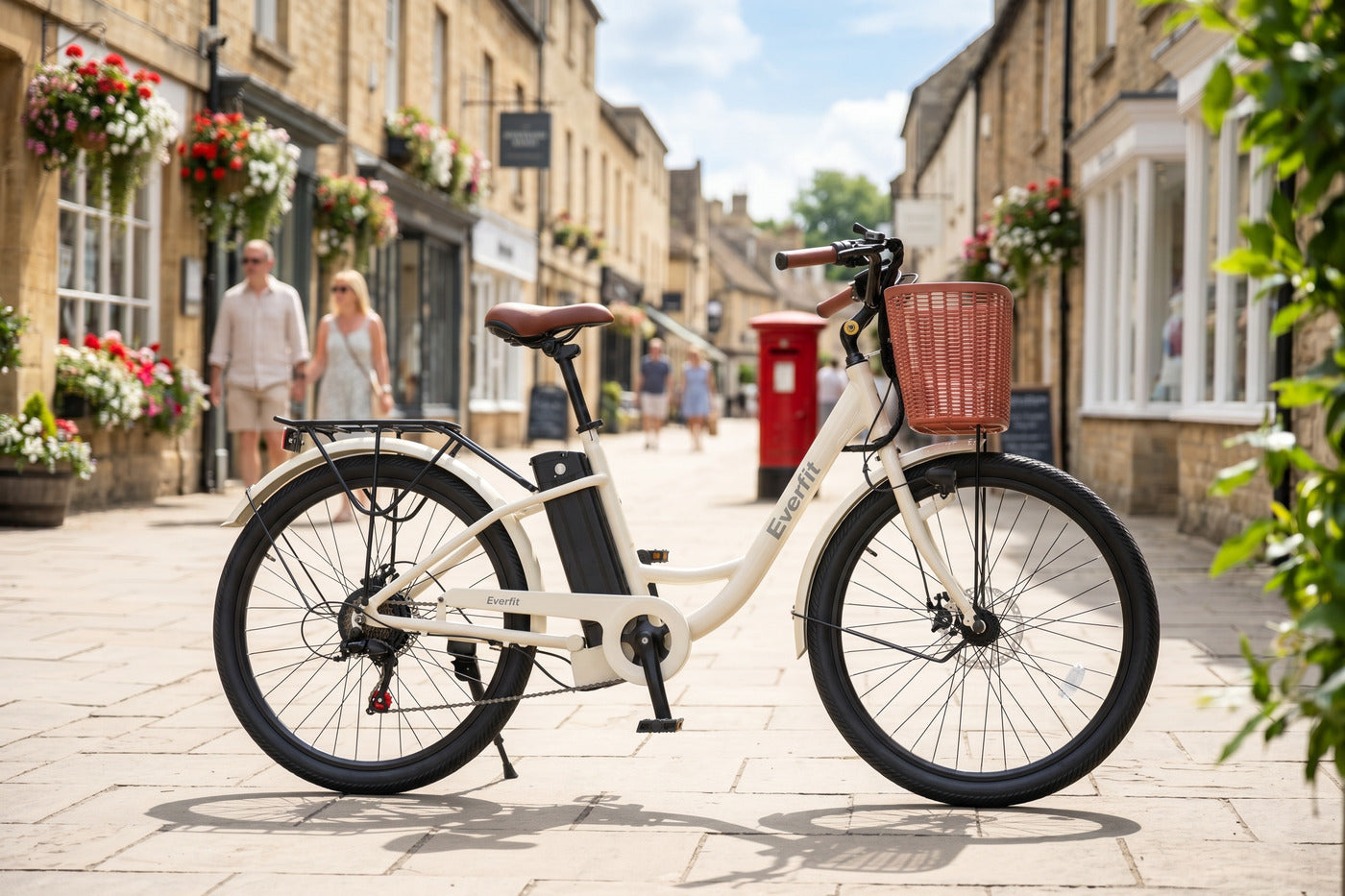White Everfit city commuter electric bike on a sunny British market-town high street