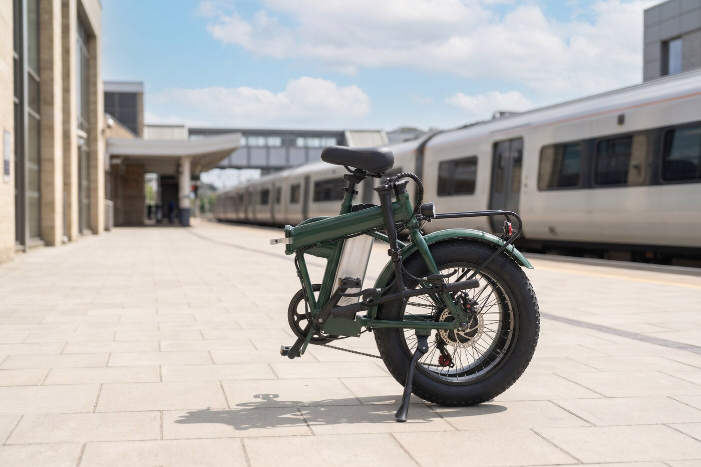 Green folding electric bike on a sunny British railway station platform in summer