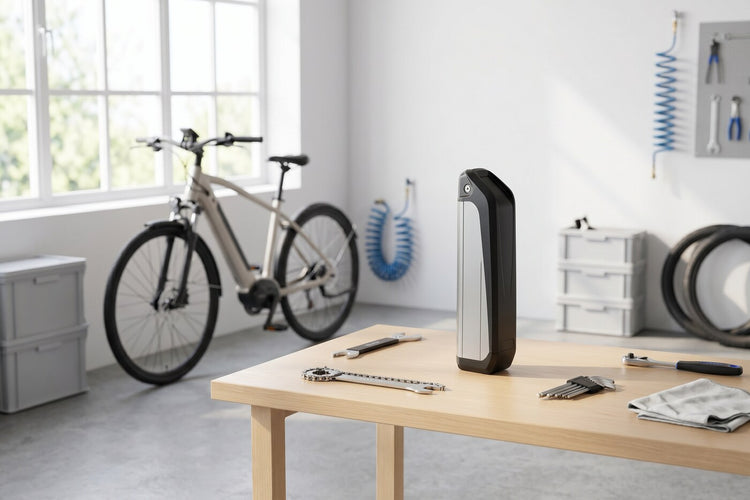 Modern removable e-bike battery on a workbench in a bright sunlit bike workshop