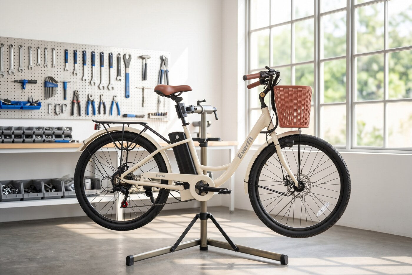 Cream Everfit electric bike on a workshop repair stand in a bright sunlit workshop
