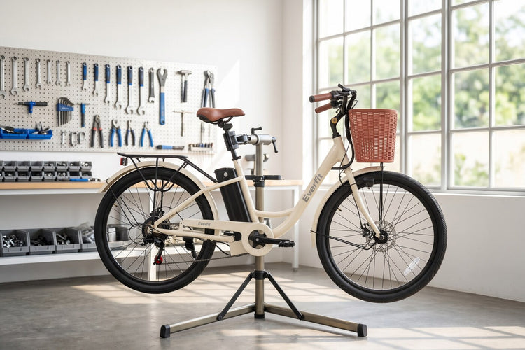 Cream Everfit electric bike on a workshop repair stand in a bright sunlit workshop