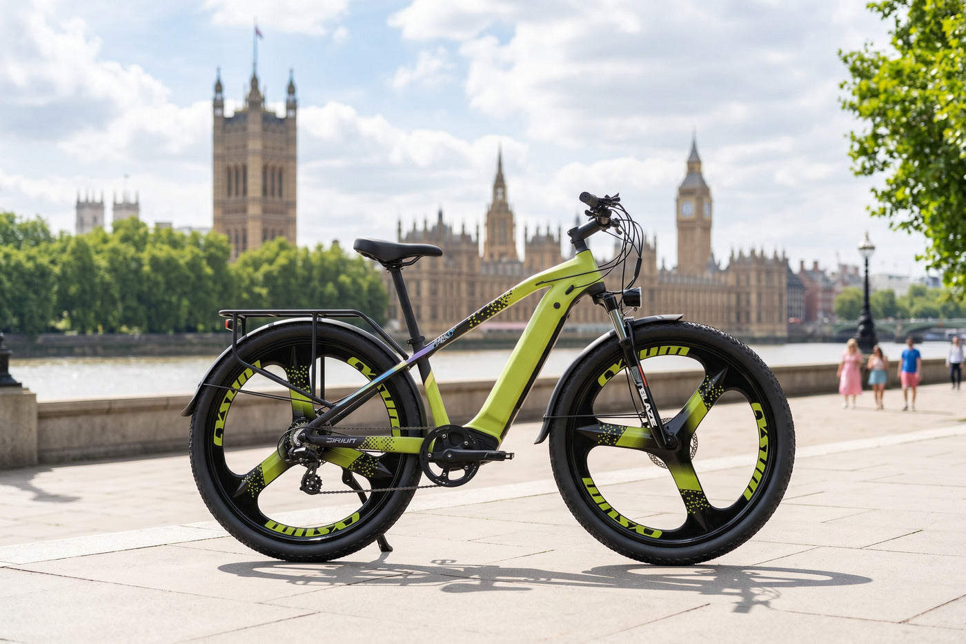 Cream Everfit city electric bike by Big Ben and the Houses of Parliament on a sunny summer day