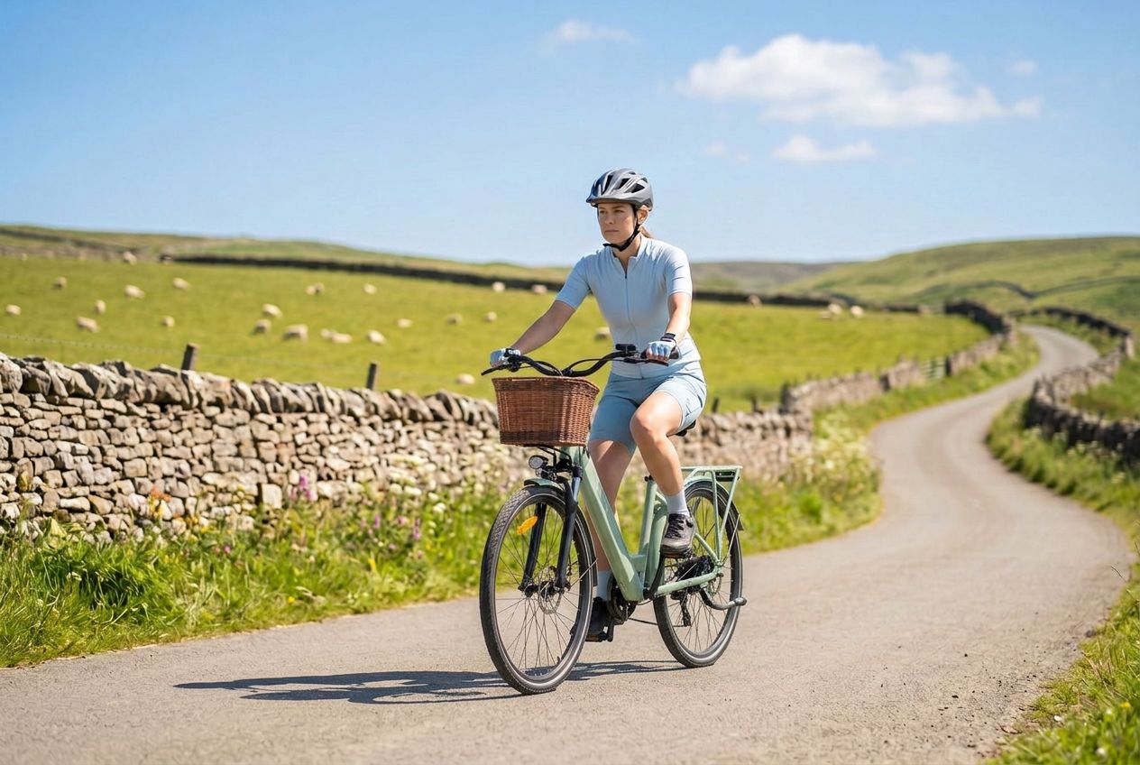 Woman riding a sage-green Cysum X-City step-through electric bike on a sunny Yorkshire Dales country road with dry-stone walls and sheep