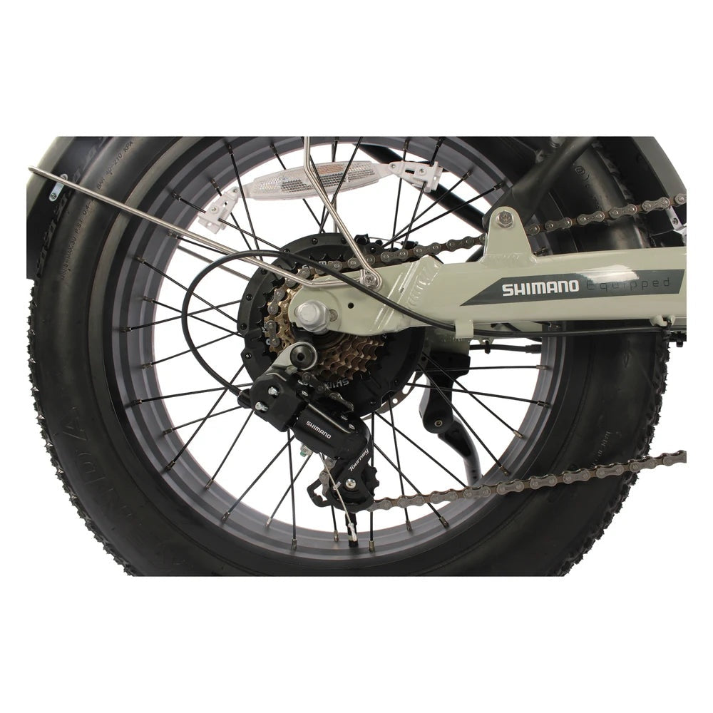 EMU Fat Tyre 20 inch folding electric bike - rear gears and drivetrain closeup