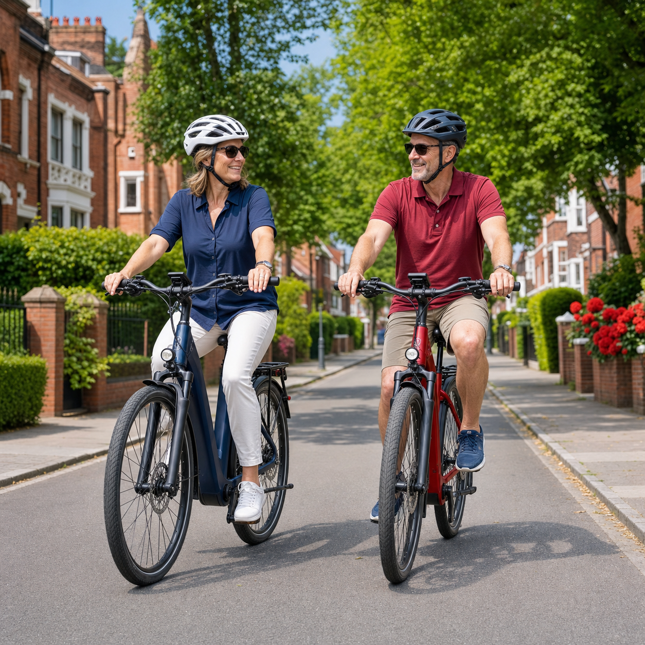 E-Bike Centre customers enjoying their electric bikes on a sunny residential street