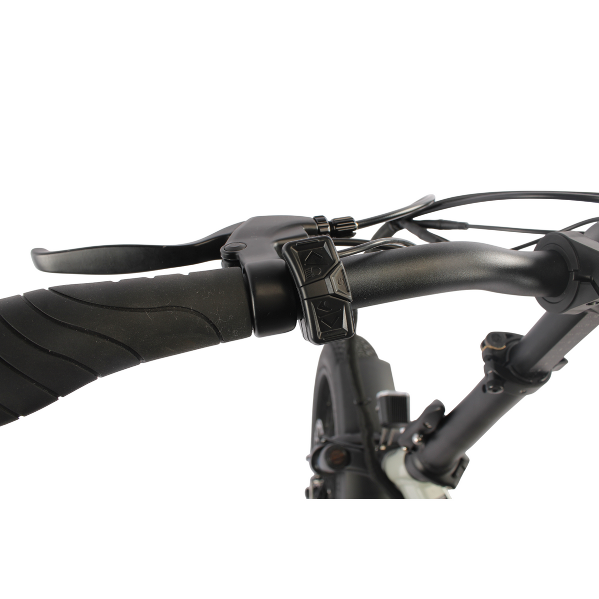 EMU Fat Tyre 20 inch folding electric bike - brake lever and walk-assist button closeup