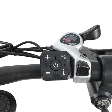CYSUM RICH BIT C01 electric mountain bike - handlebar control pad and Shimano 7-speed shifter
