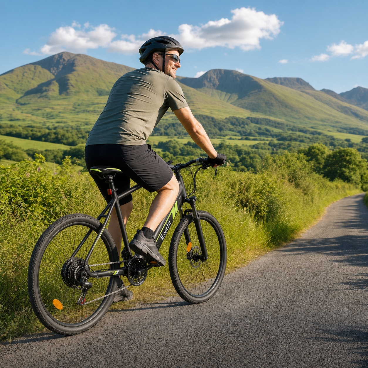 Man enjoying an Everfit electric bike ride through the British countryside