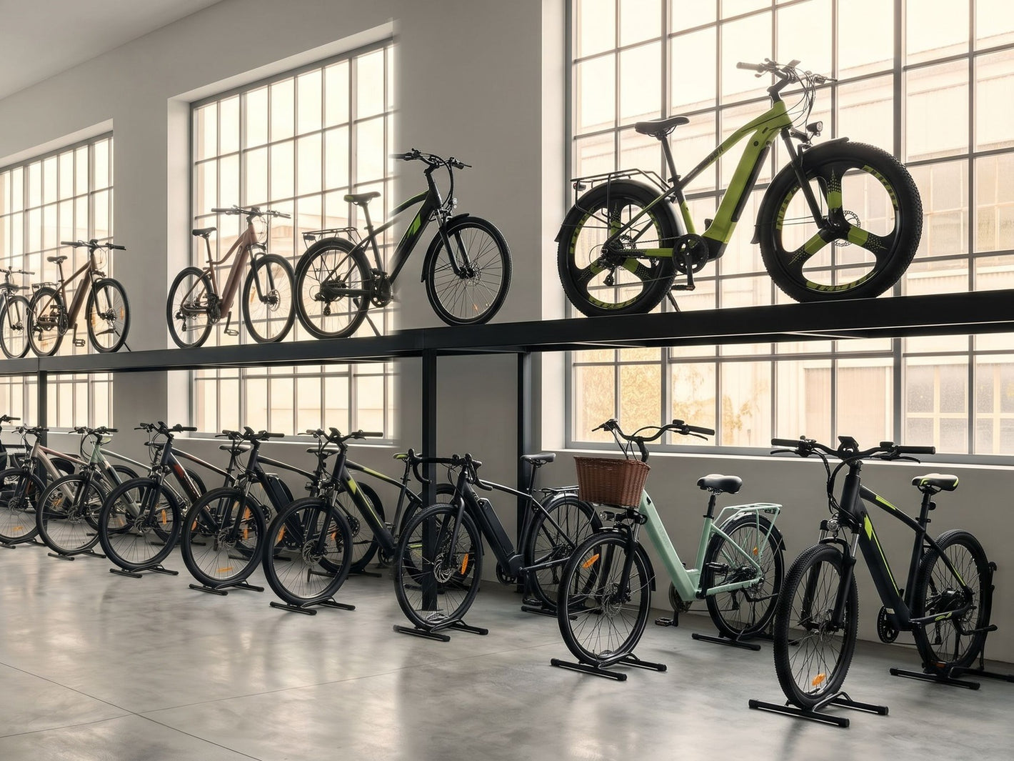 E-bike showroom with bikes displayed on two levels