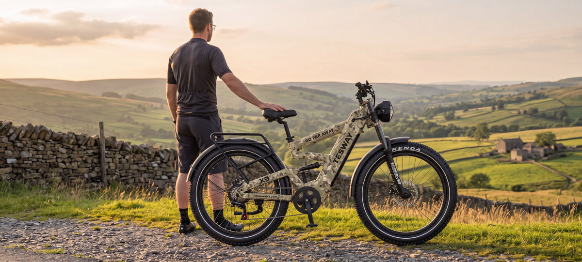 TESWAY X9 Ultra camouflage e-bike on a moorland track, Top Brands tile