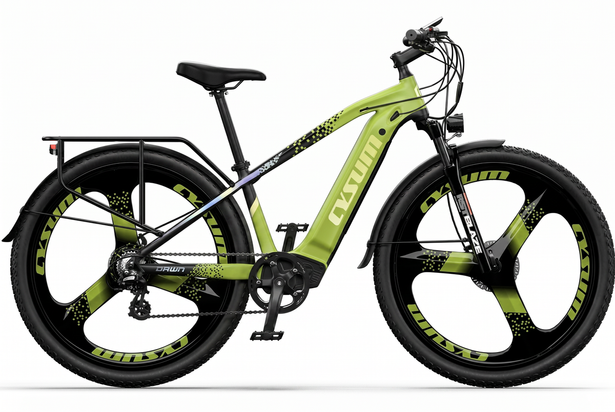 CYSUM CM520 lime green electric bike - both pedals, white background