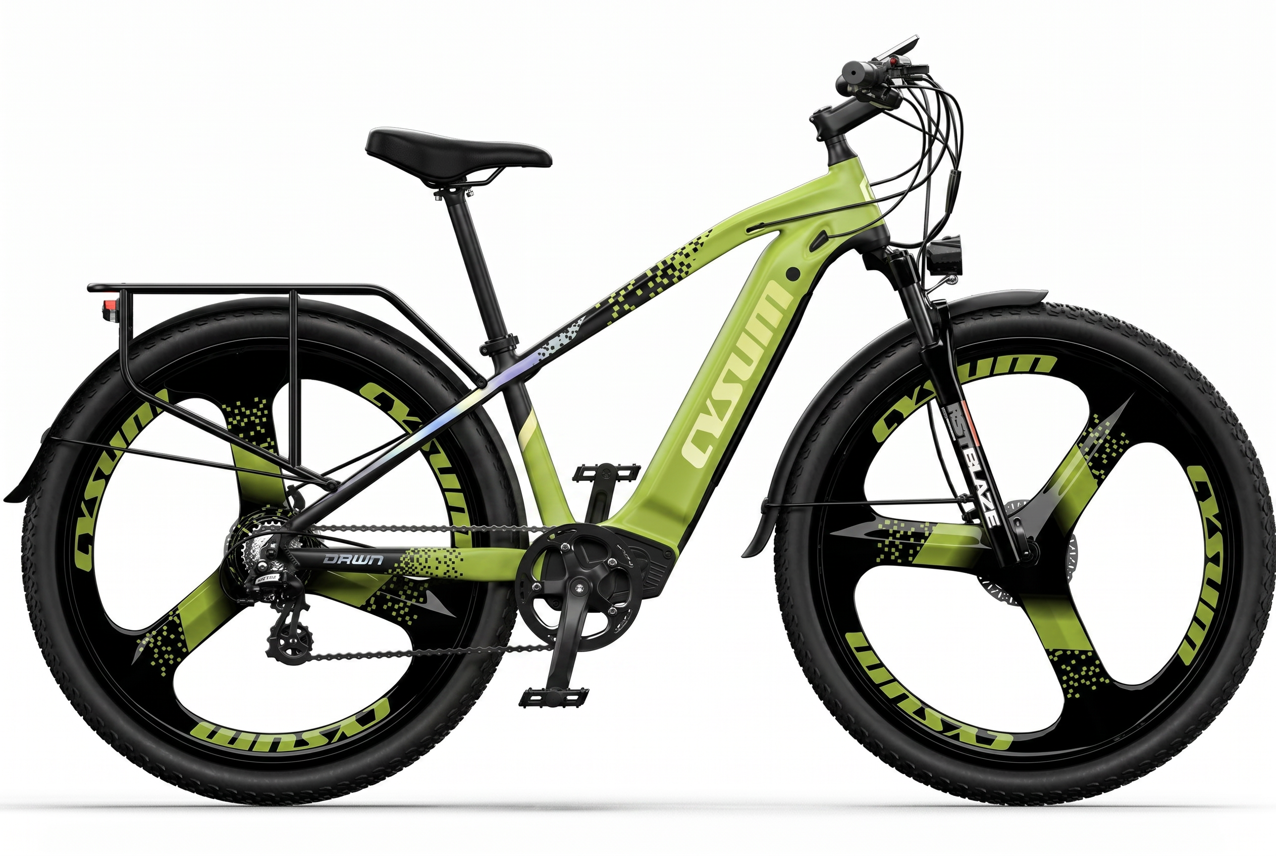 CYSUM CM520 lime green electric bike - both pedals, white background